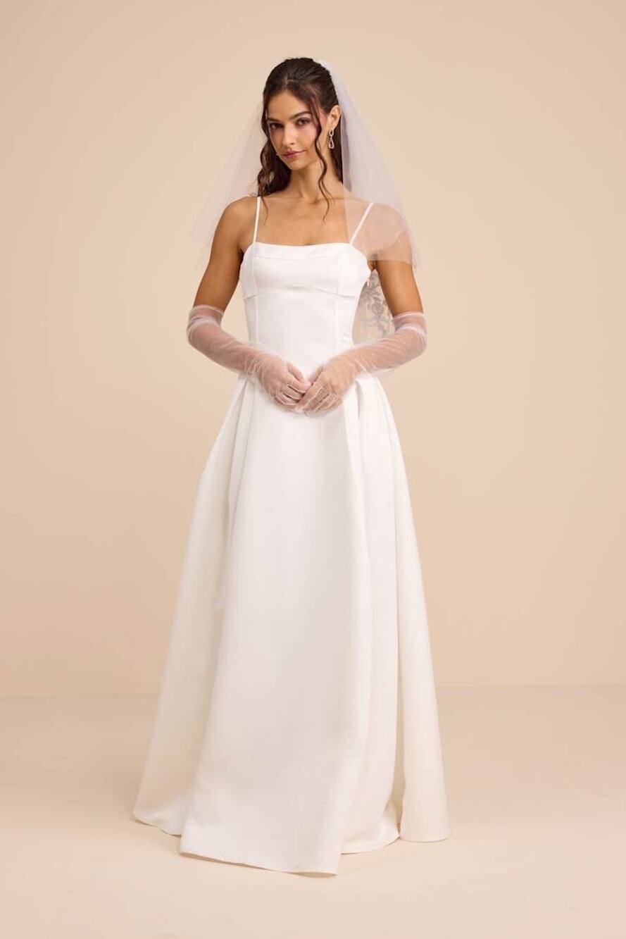 Lulus Annissa White Taffeta Drop Waist Lace-Up Maxi Dress Wedding Bridal M NWT